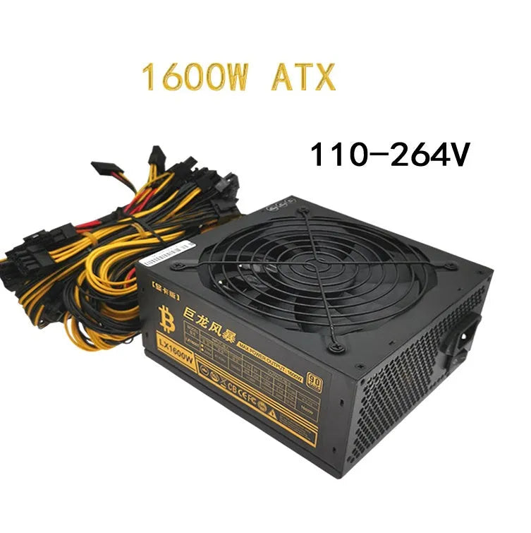 Black server power supply unit with multiple cable connectors including twelve 6+2 pin graphics card ports.