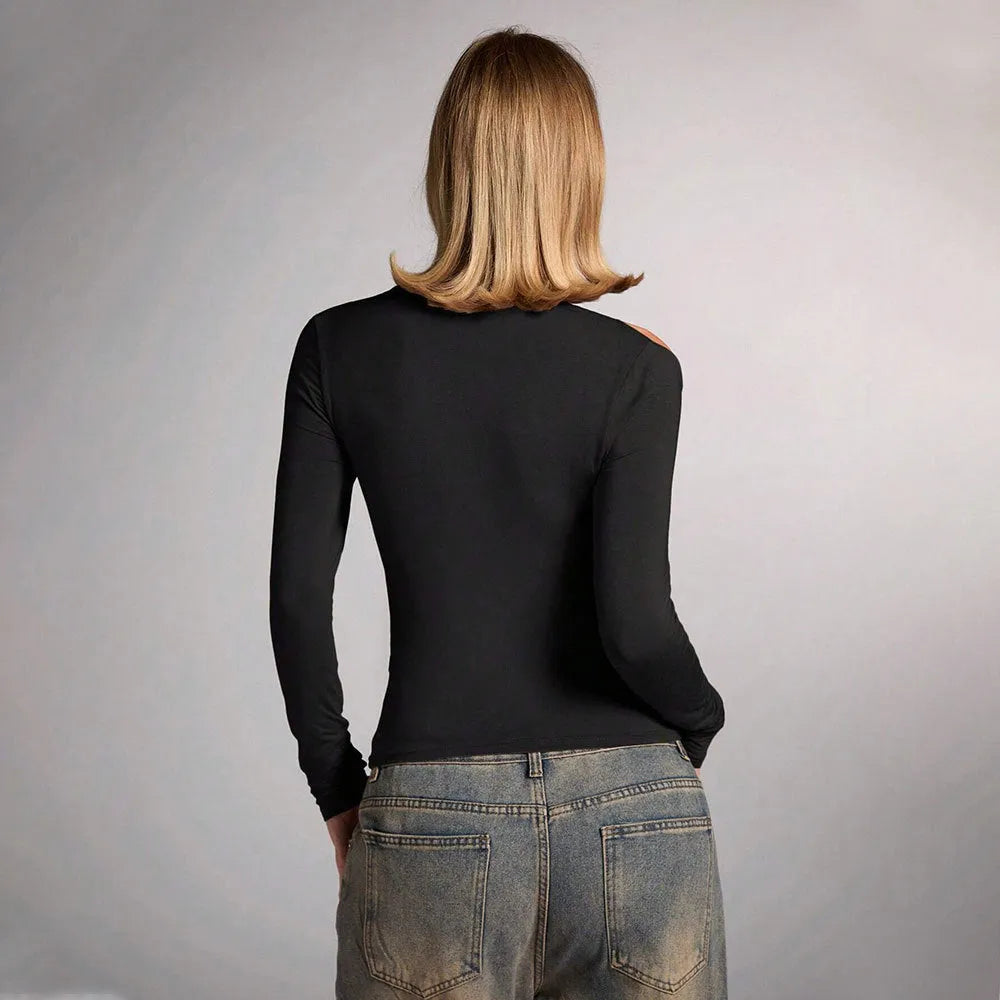 Black women's halter top with long sleeves and slim fit silhouette