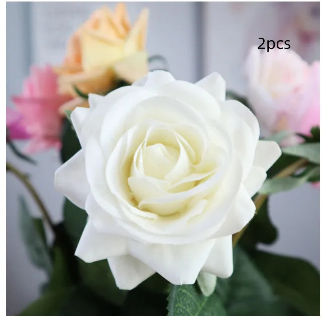 Silk artificial rose bouquet with 8.5cm flower heads in red, orange, white or purple fringe pink colours