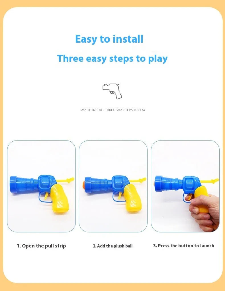 Interactive pet toy gun with plush balls for dogs and cats, showing launcher with 30cm barrel and multiple soft balls