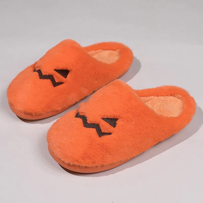Orange Halloween pumpkin slippers with coral velvet upper and plush lining