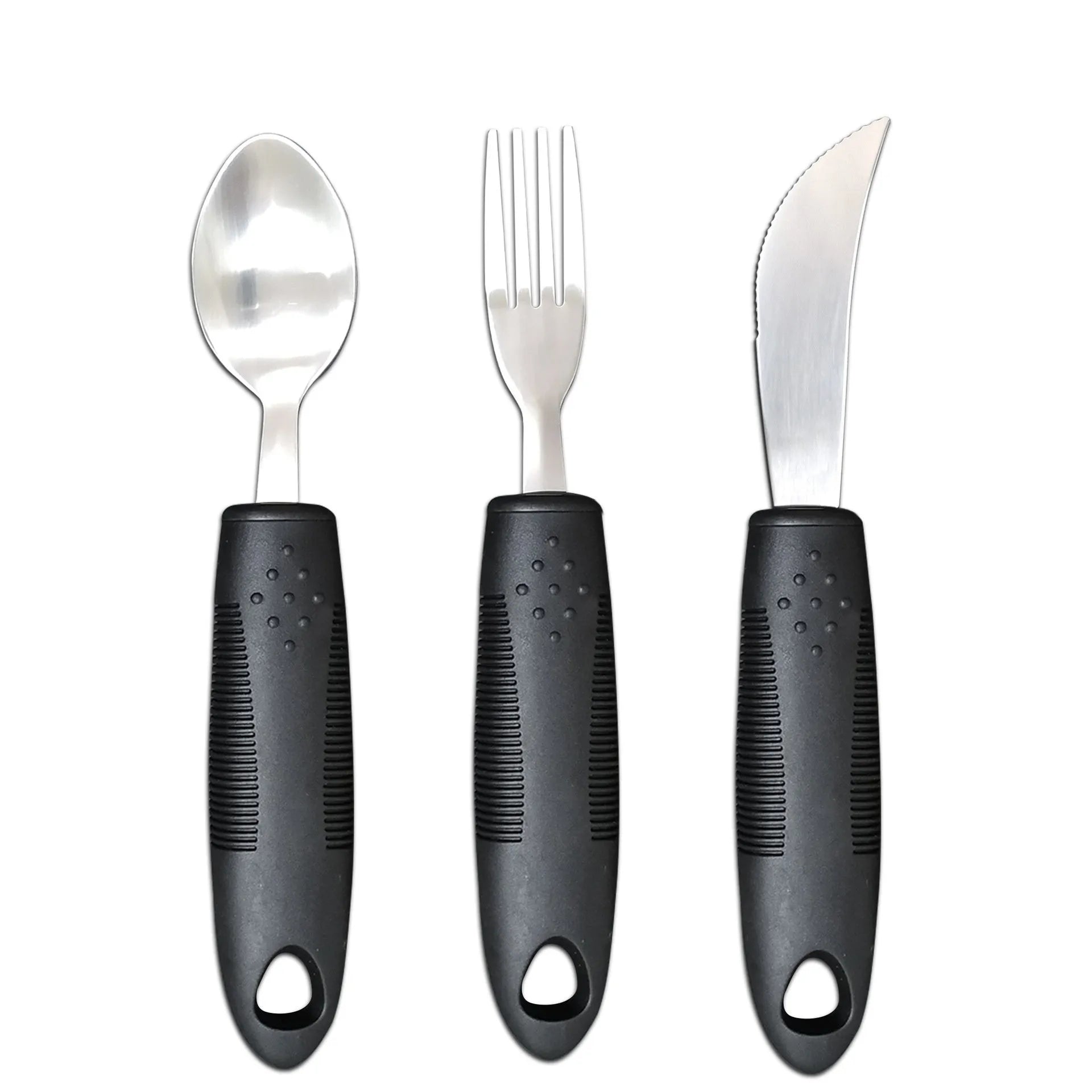 Stainless steel adaptive spoon with black rubber anti-shake handle for elderly food aid.