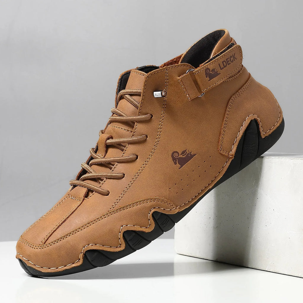 Men's khaki high-top octopus shoes with rubber sole and microfiber upper.