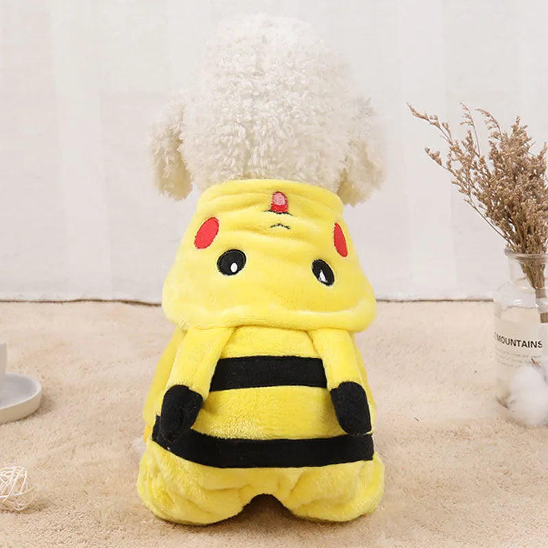 Pet fleece coat in cartoon costume design for cats and dogs, available in sizes XS to XXL