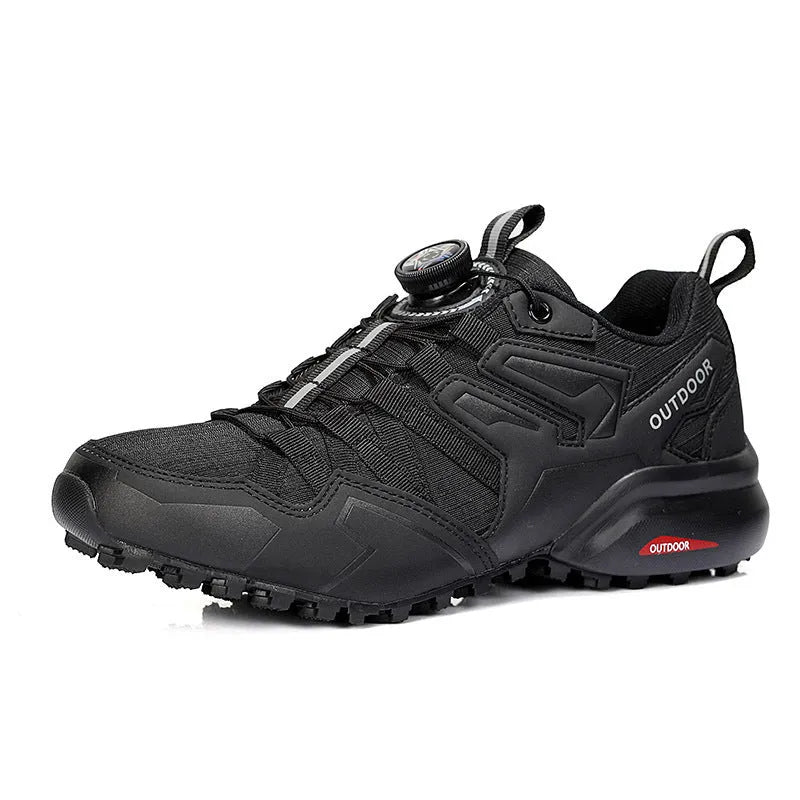 Men's beige and black lightweight hiking shoes with an elastic band closure and textured rubber sole.