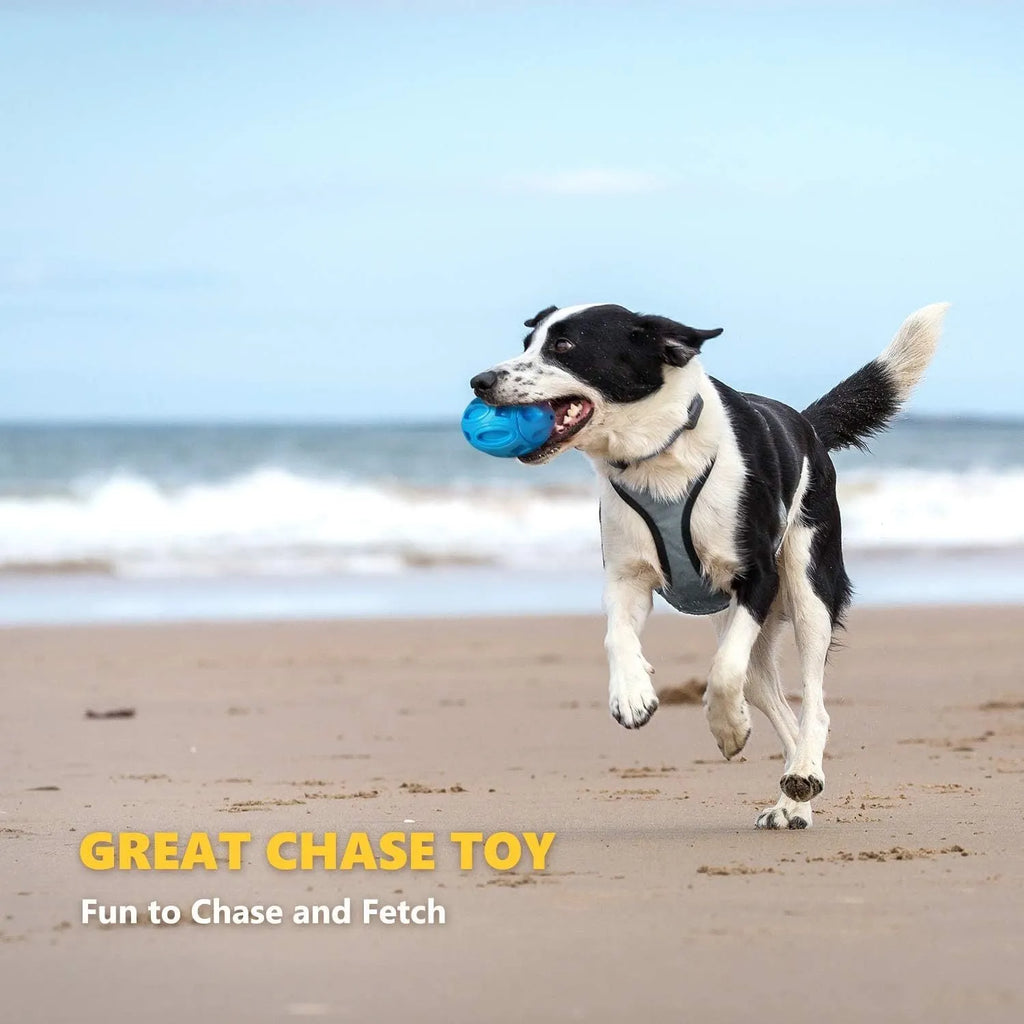 Blue natural rubber squeaky dog chew ball with surface grooves for medium and large breed dogs