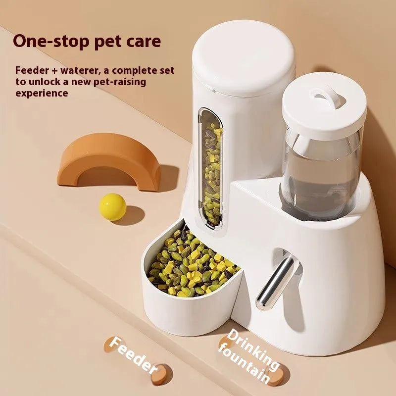 White, blue, and pink hamster automatic drinking water feeder with food basin for small pets
