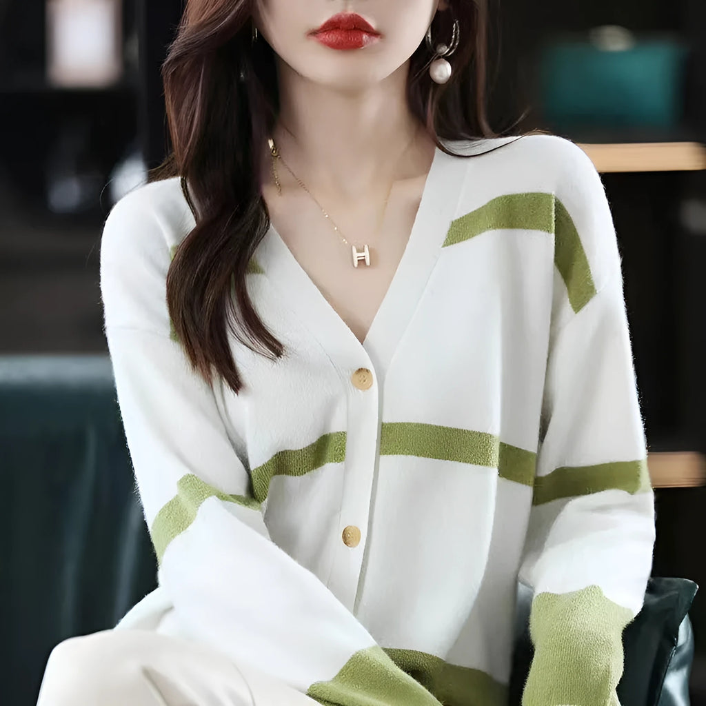 Women's striped V-neck knitted cardigan with 3D pattern effect in slim fit