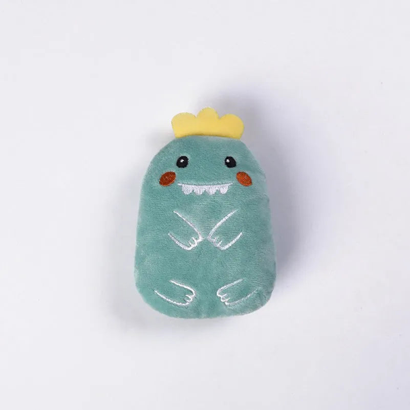 Small brown plush cat toy with a bite-shaped design for chewing and interactive play.