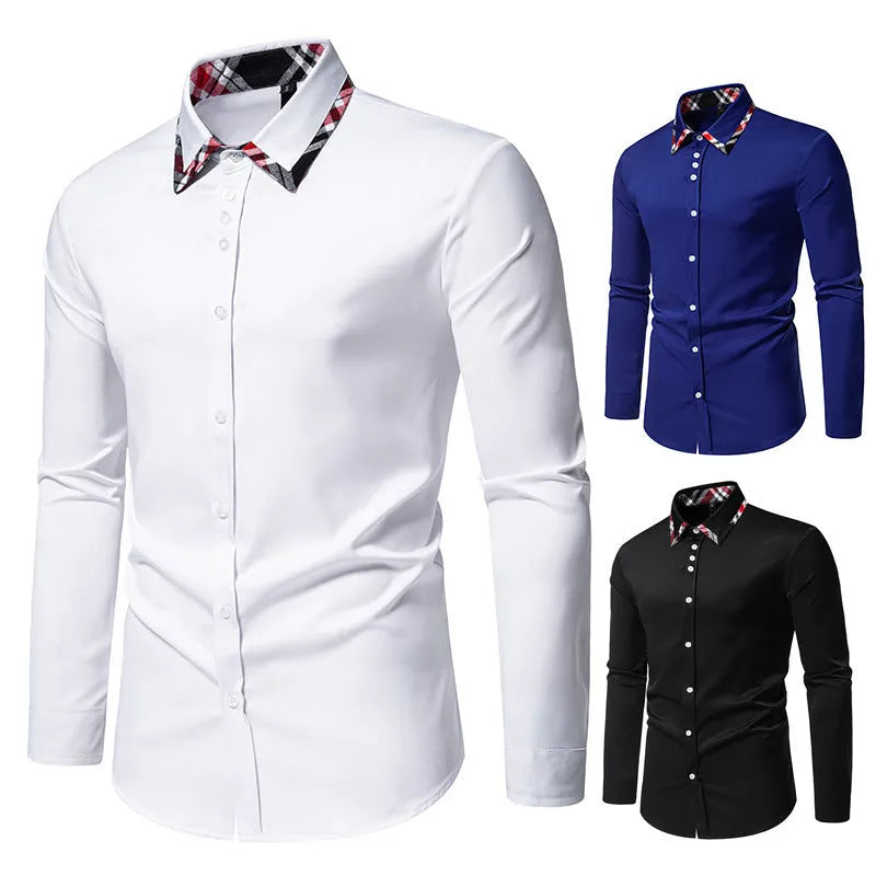 Men's blue casual long sleeve shirt with triangle collar and contrast plaid pattern.