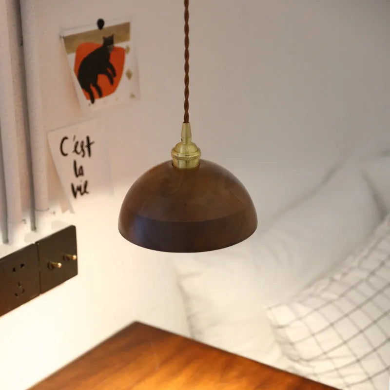Single-head black walnut wood and copper metal droplight chandelier with an E27 lamp holder.