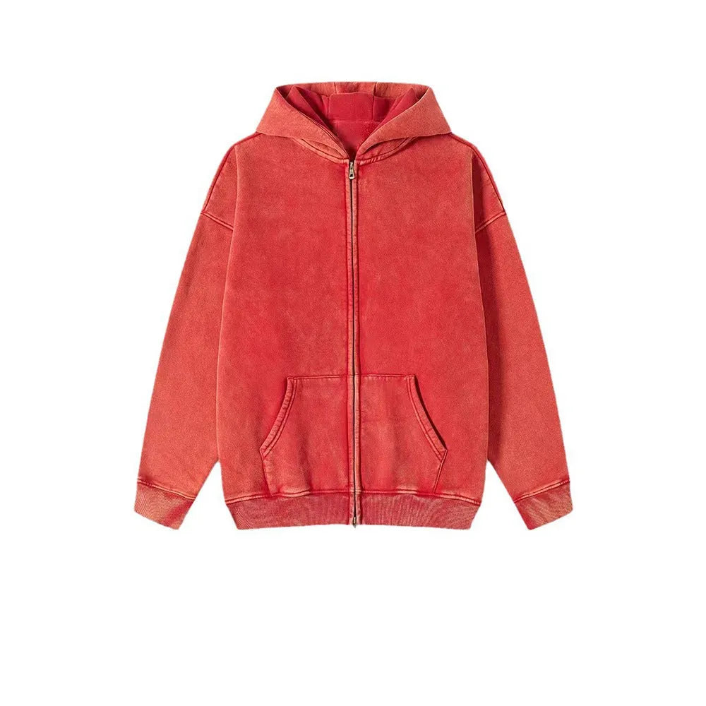 Man's dark green fleece-lined hooded cardigan sweater with a double zip front.