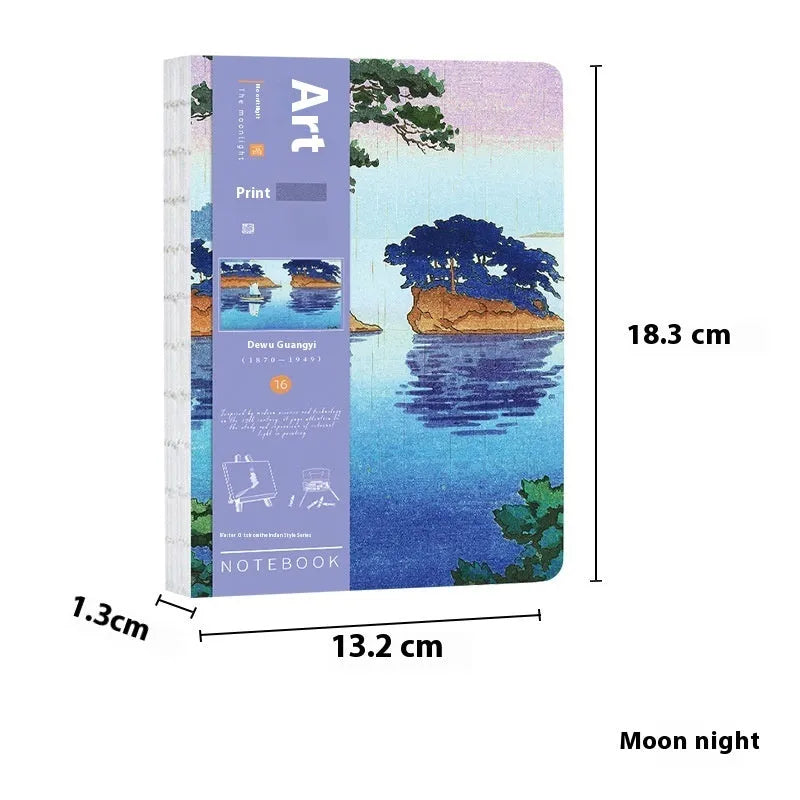 Ukiyo-e Kanagawa surfing village retro hand ledger notebook showing cover artwork and dimensions