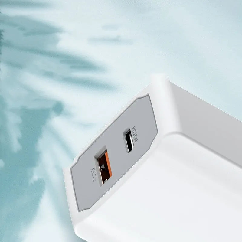 White phone fast charge charger set with USB cable and charging head on white background