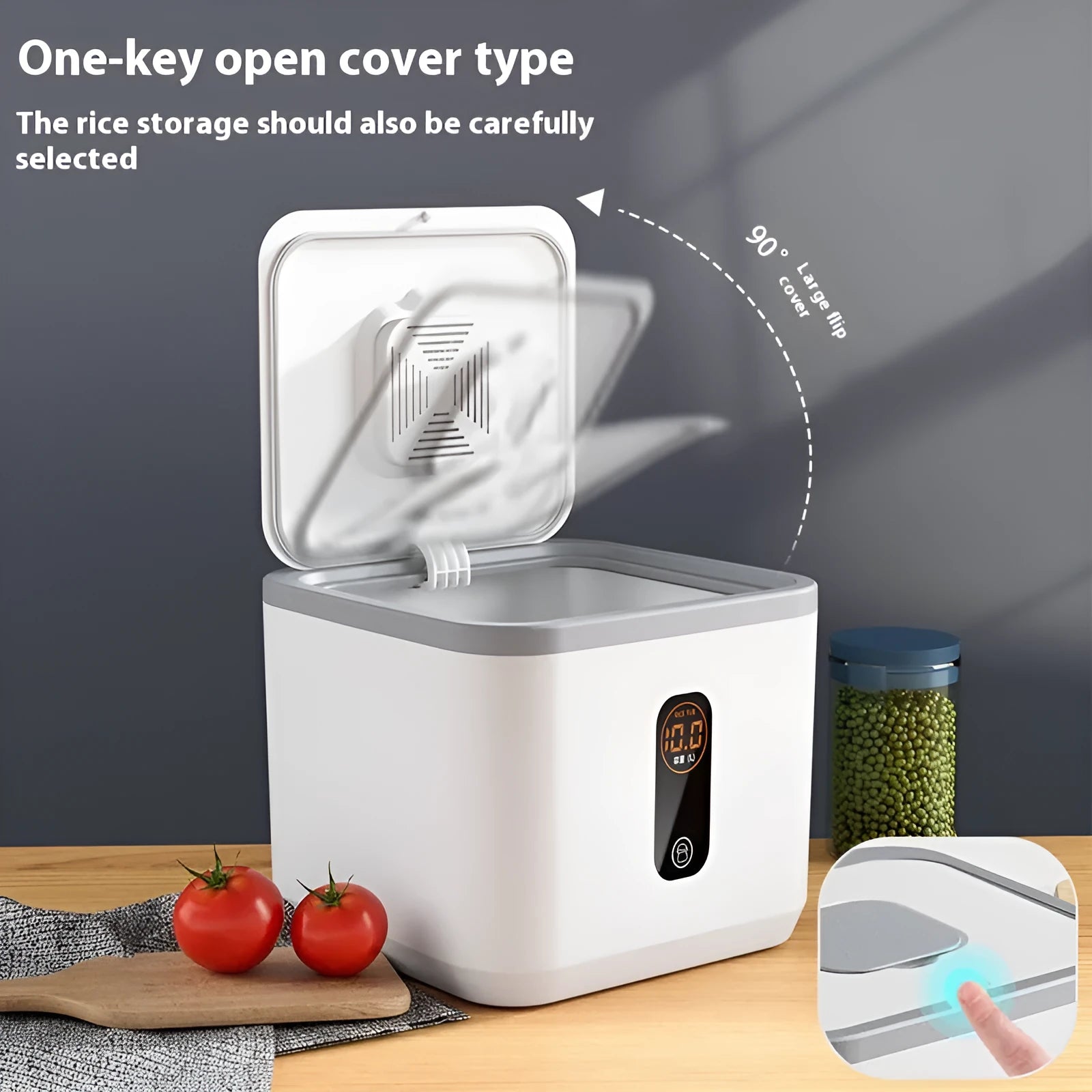 Grey plastic sealed rice storage jar with lid and measuring cup in 10kg 20kg 30kg sizes.