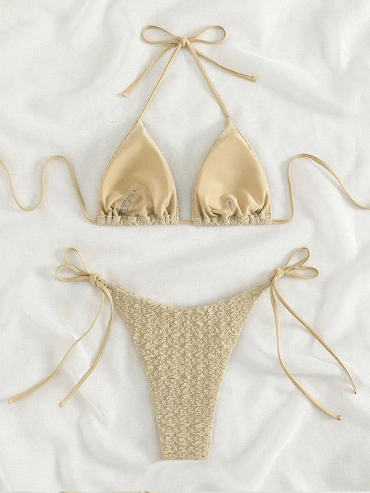 Women's khaki high waist bikini with lace-up detail on the shorts and a sleeveless top.