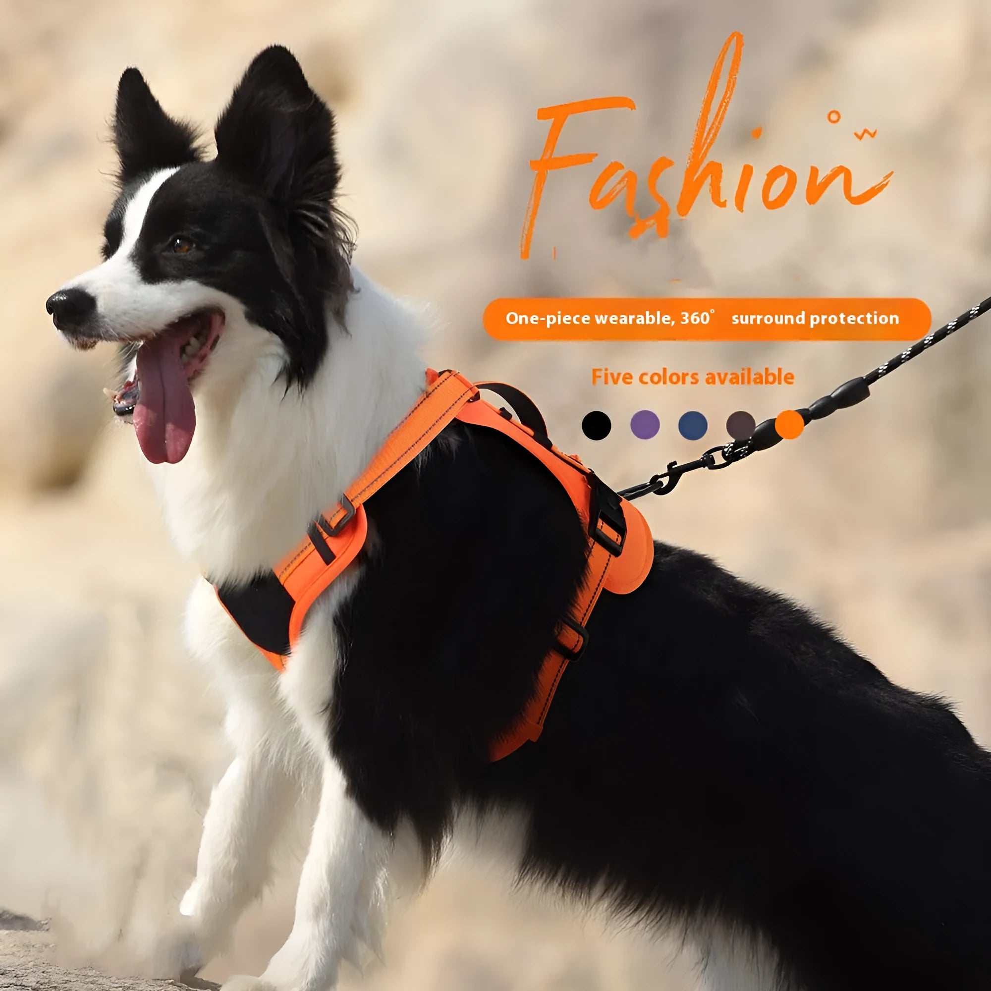 Reflective orange dog harness with black hand holding rope and explosion-proof breast strap.