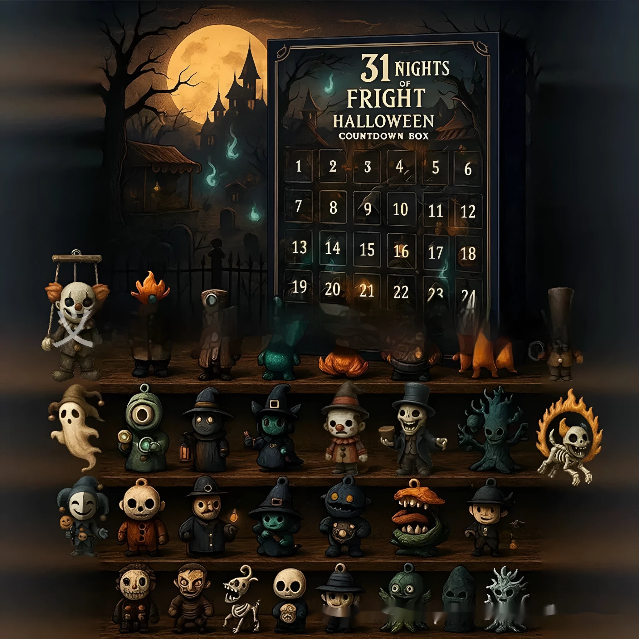 Halloween advent calendar display with numbered blind boxes containing horror-themed resin dolls