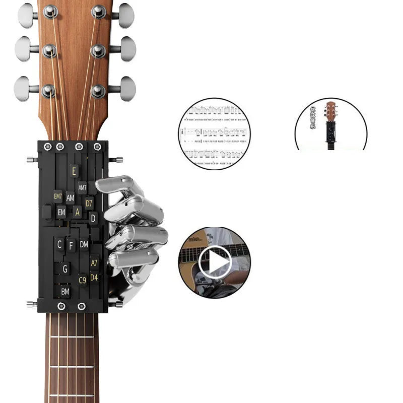 Automatic chord practice device for folk guitar playing and singing