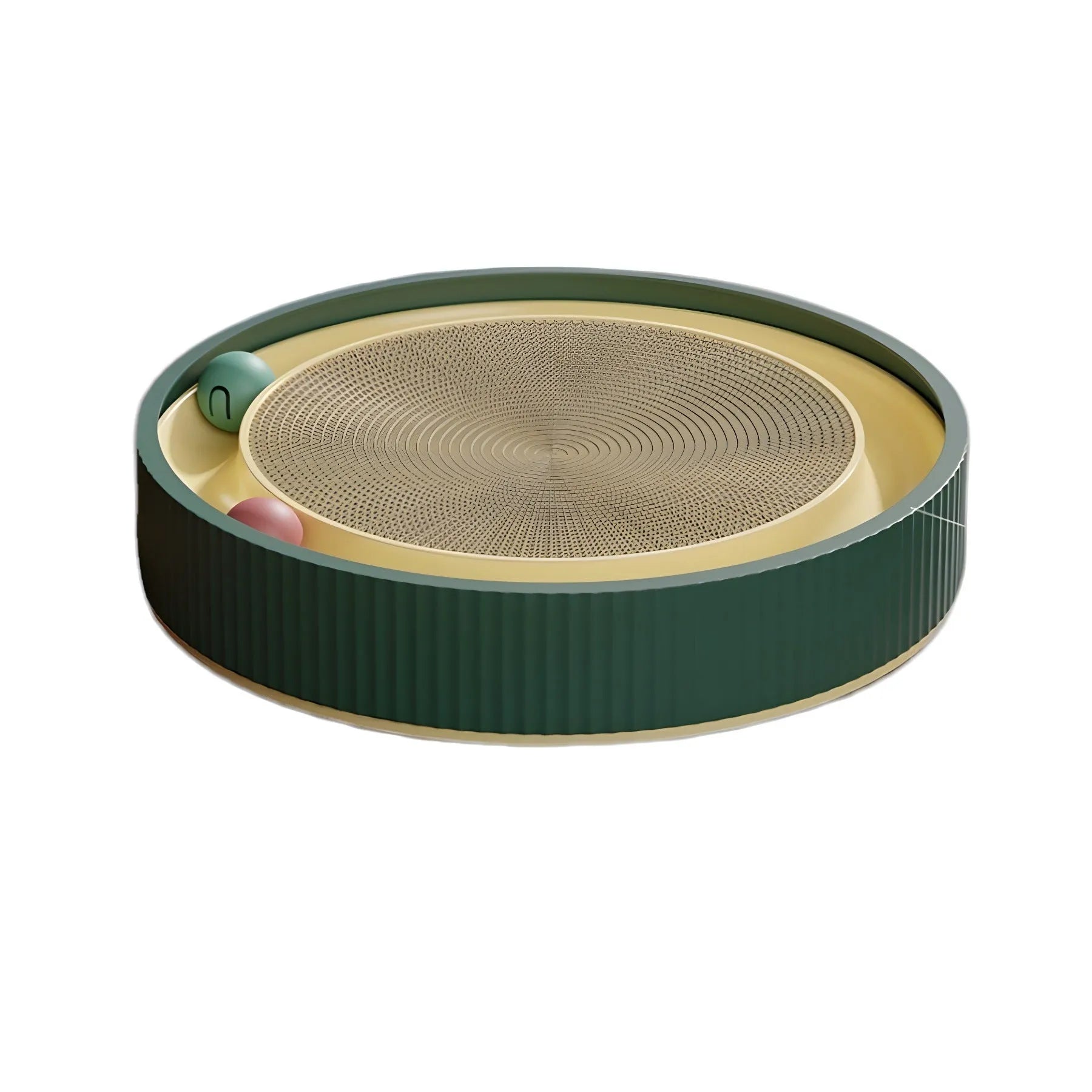 Large green circular cat scratching board with moving ball toys and spring-mounted plush ball