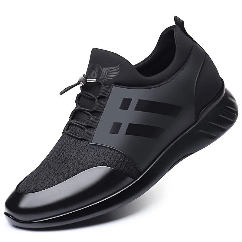 Men's black casual height increasing shoes with a chunky heel, round toe, and genuine leather upper.