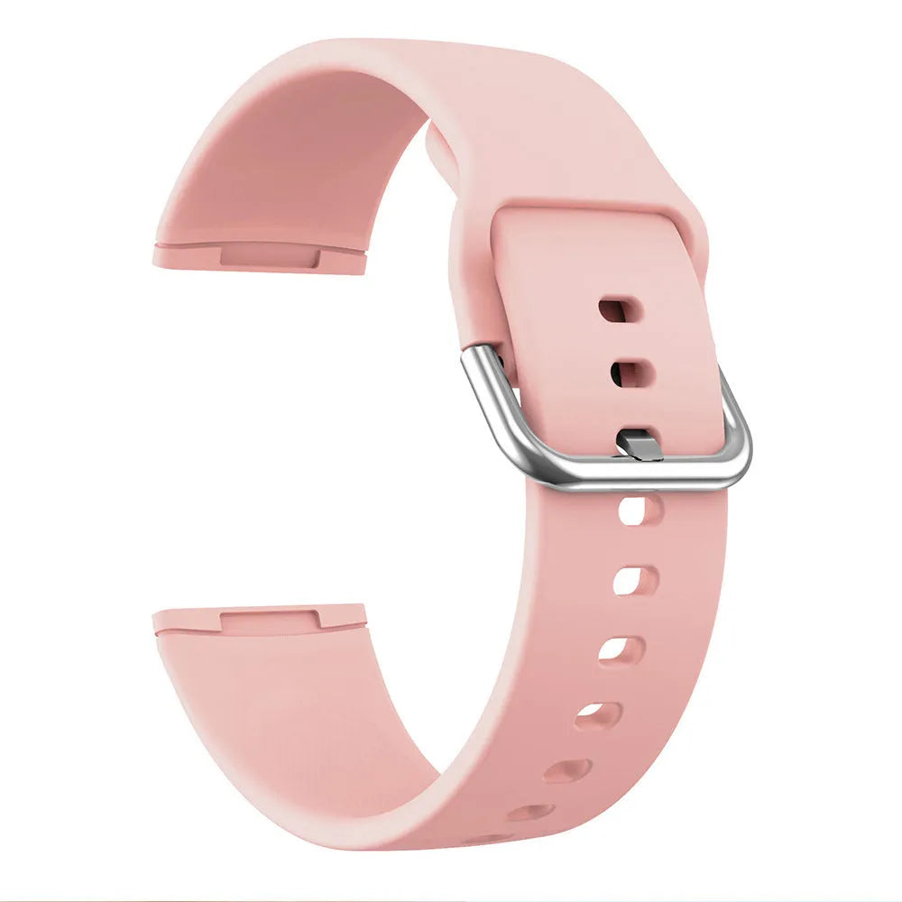 Silicone watch strap with silver buckle for Fitbit Versa 3 and Sense 2 in multiple colour options.