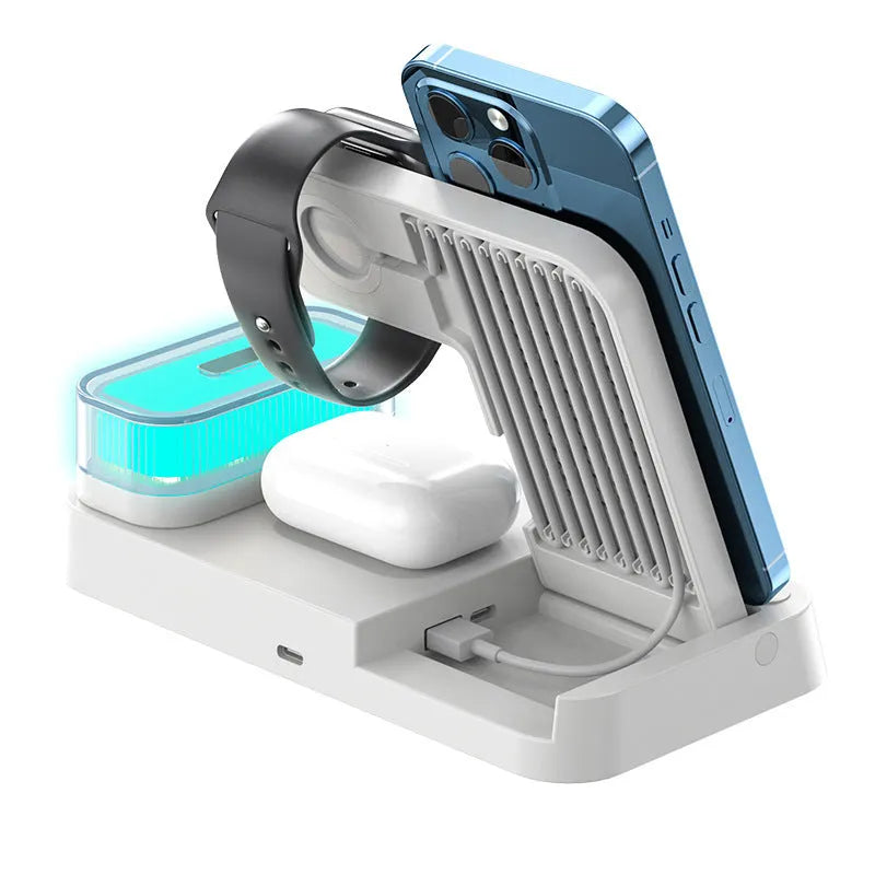 White foldable wireless charging station showing phone charging pad, watch charger, alarm clock display and RGB night light
