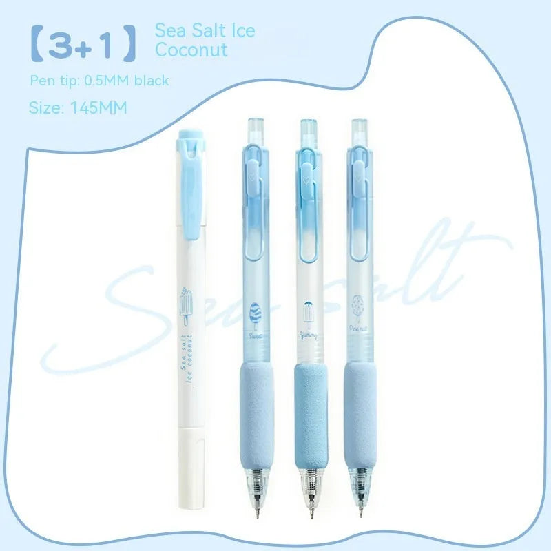 Four 0.5mm double-tipped calligraphy pens with fluorescent tips for student handwriting practice