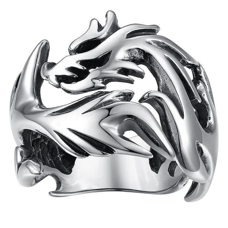 Chinese style luminous dragon pattern adjustable ring in antique silver blue and green colour.