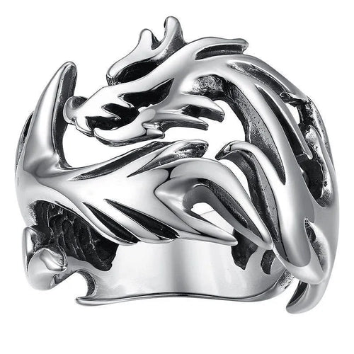 Chinese style luminous dragon pattern adjustable ring in antique silver blue and green colour.