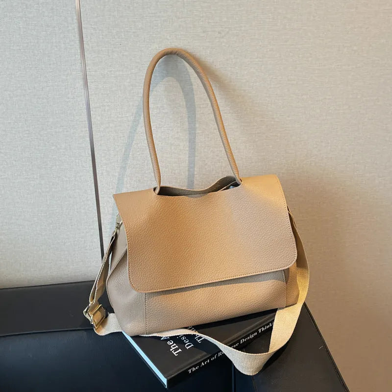 Square PU leather tote bag with double shoulder straps in vintage casual style