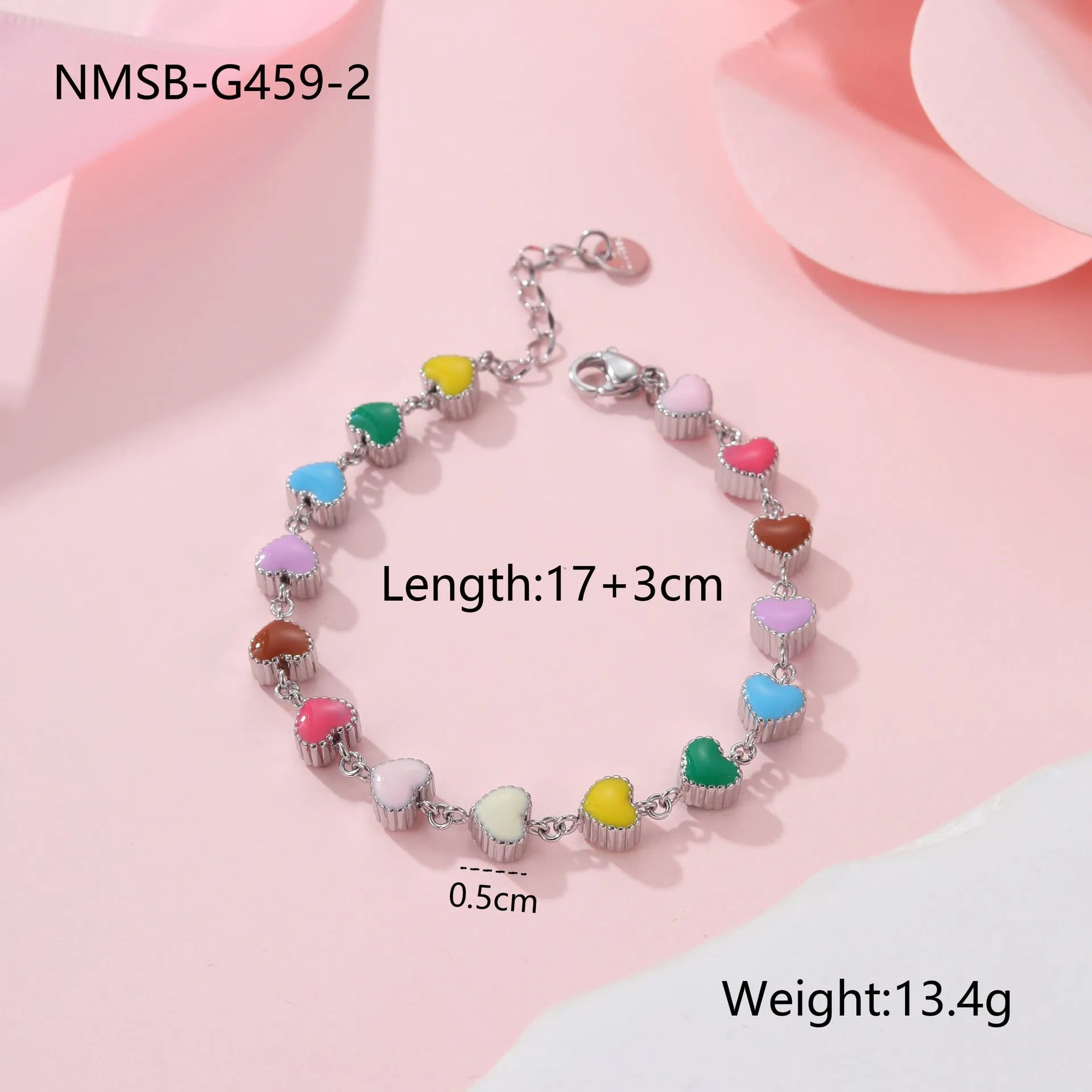 Heart-shaped titanium steel bracelet with colourful oil elements in gold or steel colour options