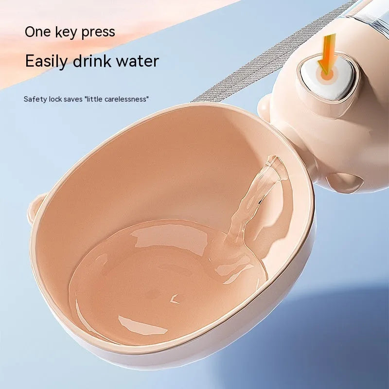 Portable dog water bottle with attached feeding bowl in yellow, pink and brown colour options