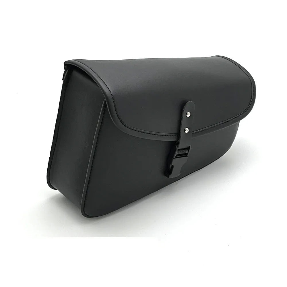 Black PU leather motorcycle swingarm bag mounted to Sportster motorcycle showing dimensions and storage capacity
