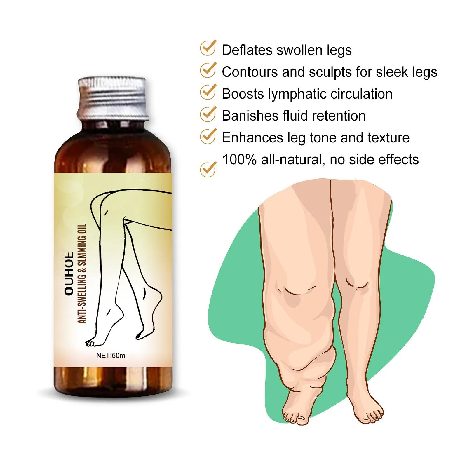50ml bottle of botanical essential oil for body skin moisturising and leg massage.