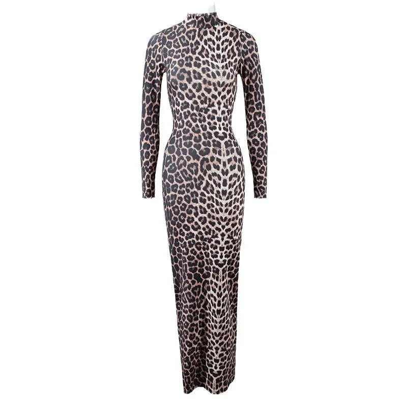 Women's leopard print long dress with a stand collar and long sleeves, showcasing a high waist and hip skirt silhouette.