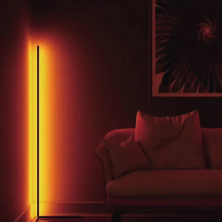 Black smart floor lamp with RGB lighting, silicone shade, and remote control for bedroom atmosphere