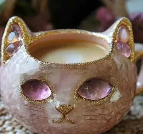 Purple geode crystal and cat decorative resin mug on a shelf.