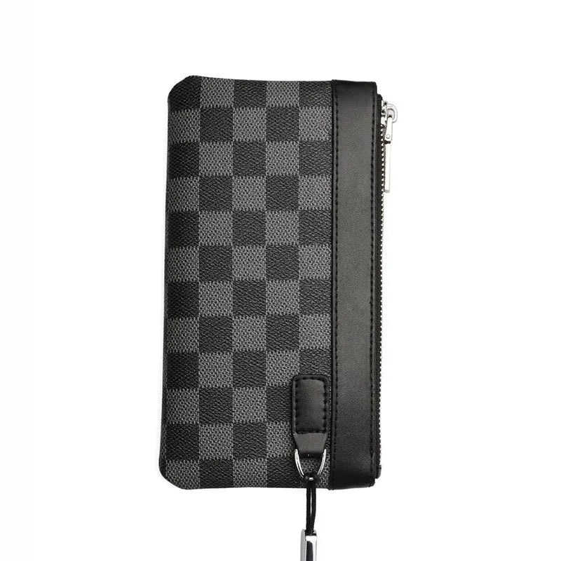 Black men's leather plaid clutch wallet made from cowhide, showing its 20x10 cm size.