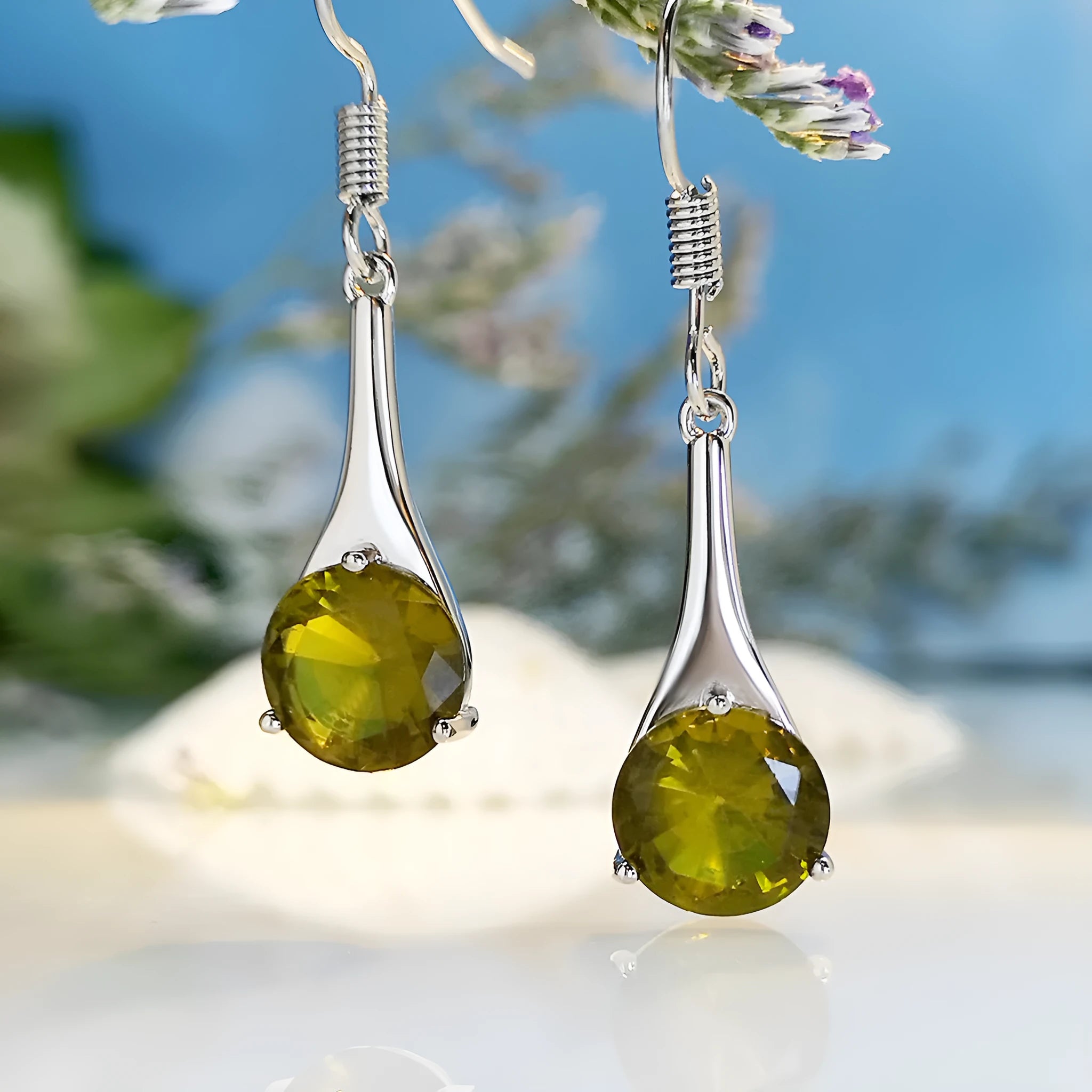 Olive green topaz water drop shape earrings with retro minimalist design and electroplated alloy construction