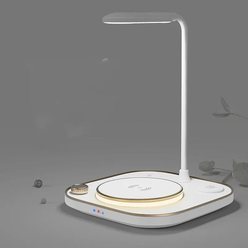 Three-in-one wireless magnetic charger with 15W fast charging and optional desk lamp in black, green, or white