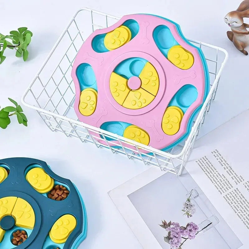 Blue dog puzzle feeder bowl with food compartments for interactive feeding games