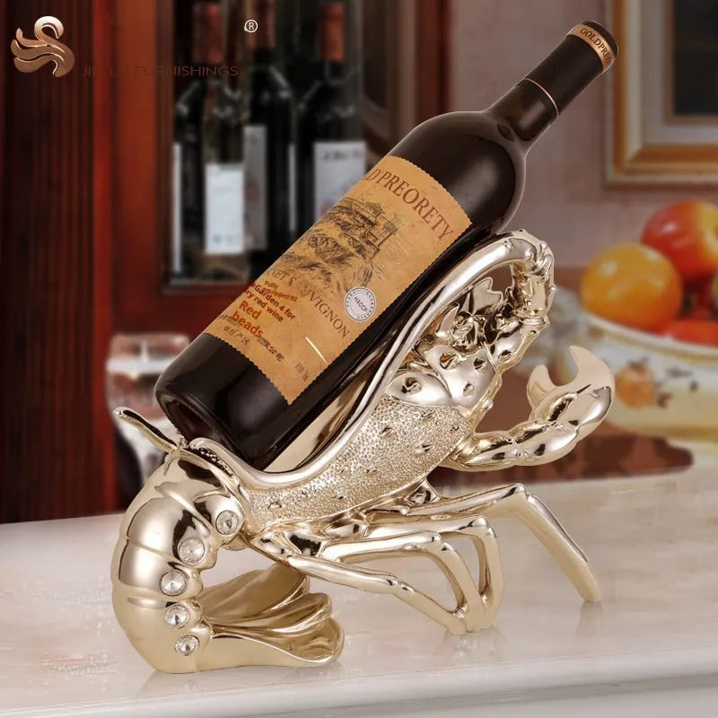 Lobster-shaped wine rack theme ornament in rose gold or silver resin and plastic finish on a shelf.