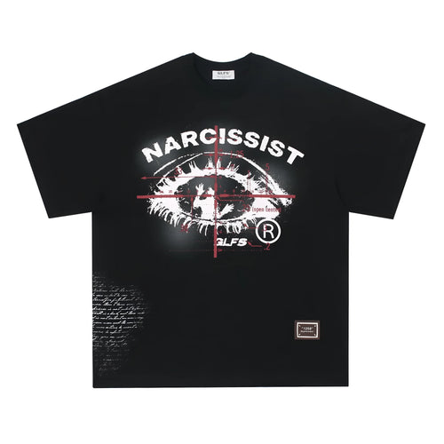 Retro style white cotton T-shirt with black letter print, short sleeves, laid flat.