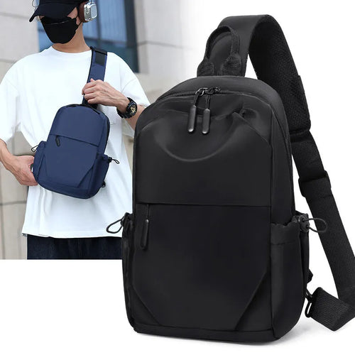 Men's grey lightweight chest bag with large main compartment and shoulder strap.