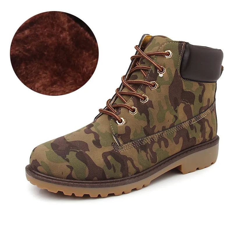 Pink men's high-top Martin boots with velvet lining, round toe, and front lace-up closure.