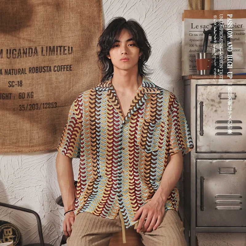 Grey Japanese style Cuban collar men's shirt with red jacquard pattern detailing on plus size model