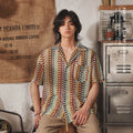 Grey Japanese style Cuban collar men's shirt with red jacquard pattern detailing on plus size model