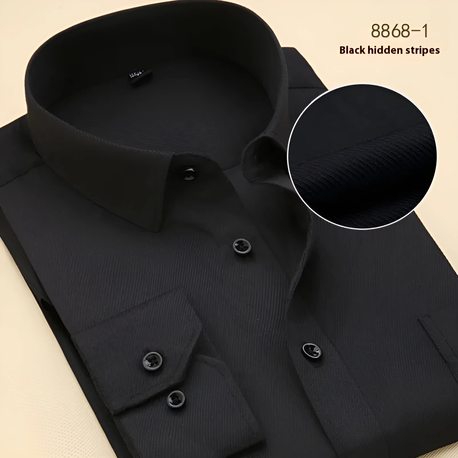 Men's black slim fit cotton business shirt with cardigan collar on a hanger