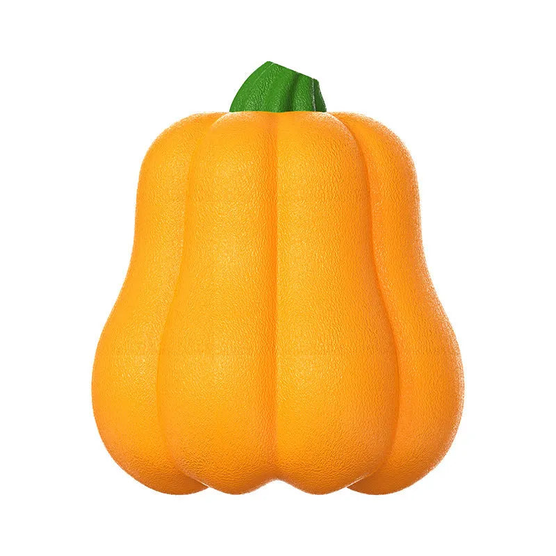 Orange pumpkin-shaped plastic dog toy with textured surface and rope attachment for chewing and fetch games